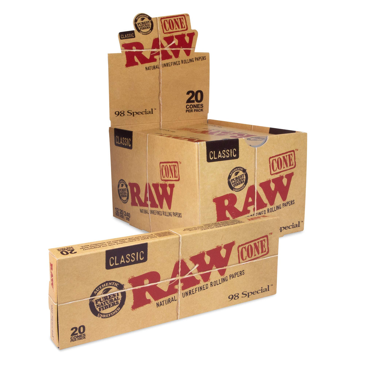 RAW Classic 98 Special Cones stacked boxes with 20 natural unrefined rolling papers