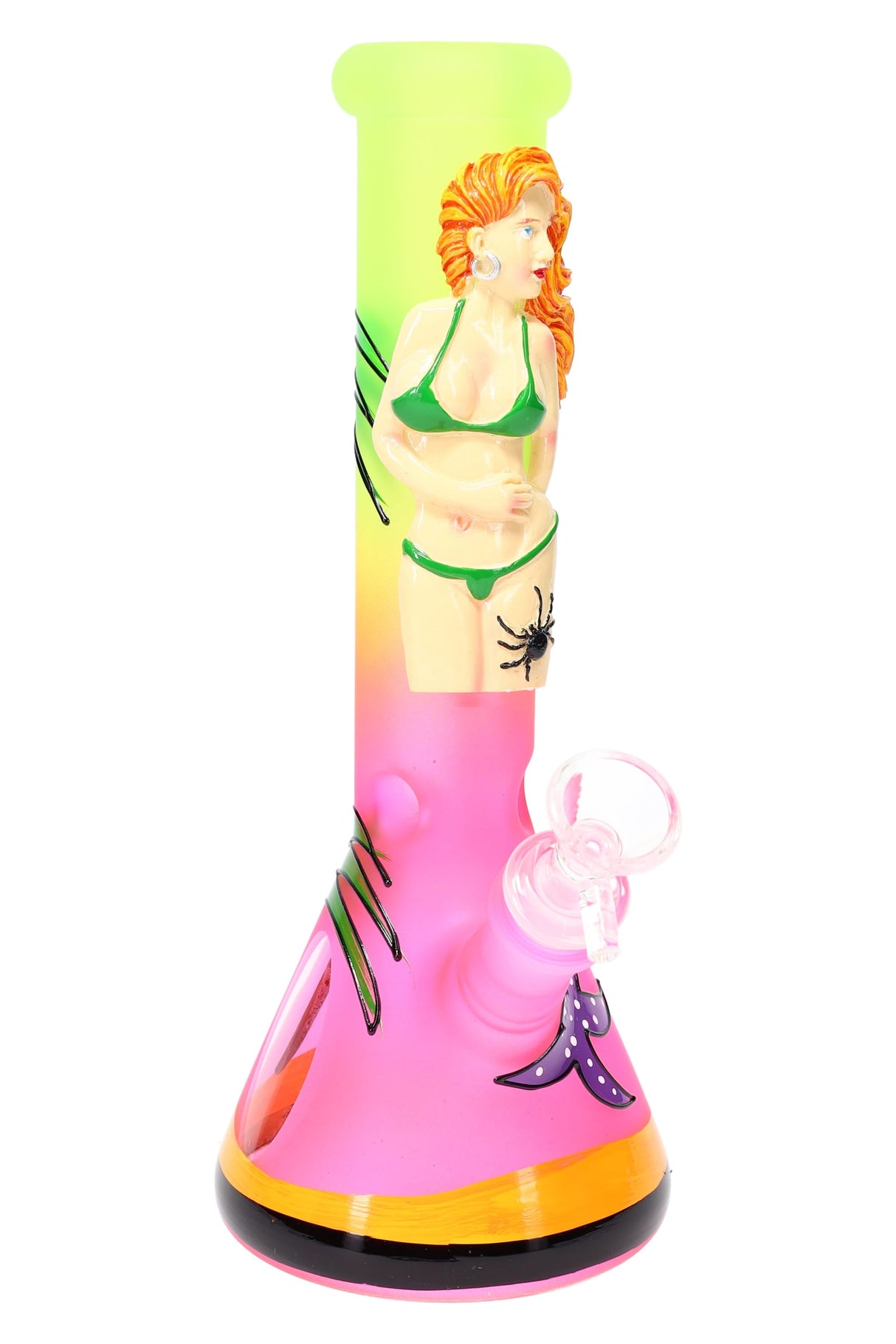 Frosted Glass Beaker Bong “Beach Babe” – Glass-on-Glass – Ice Pinch – 10″