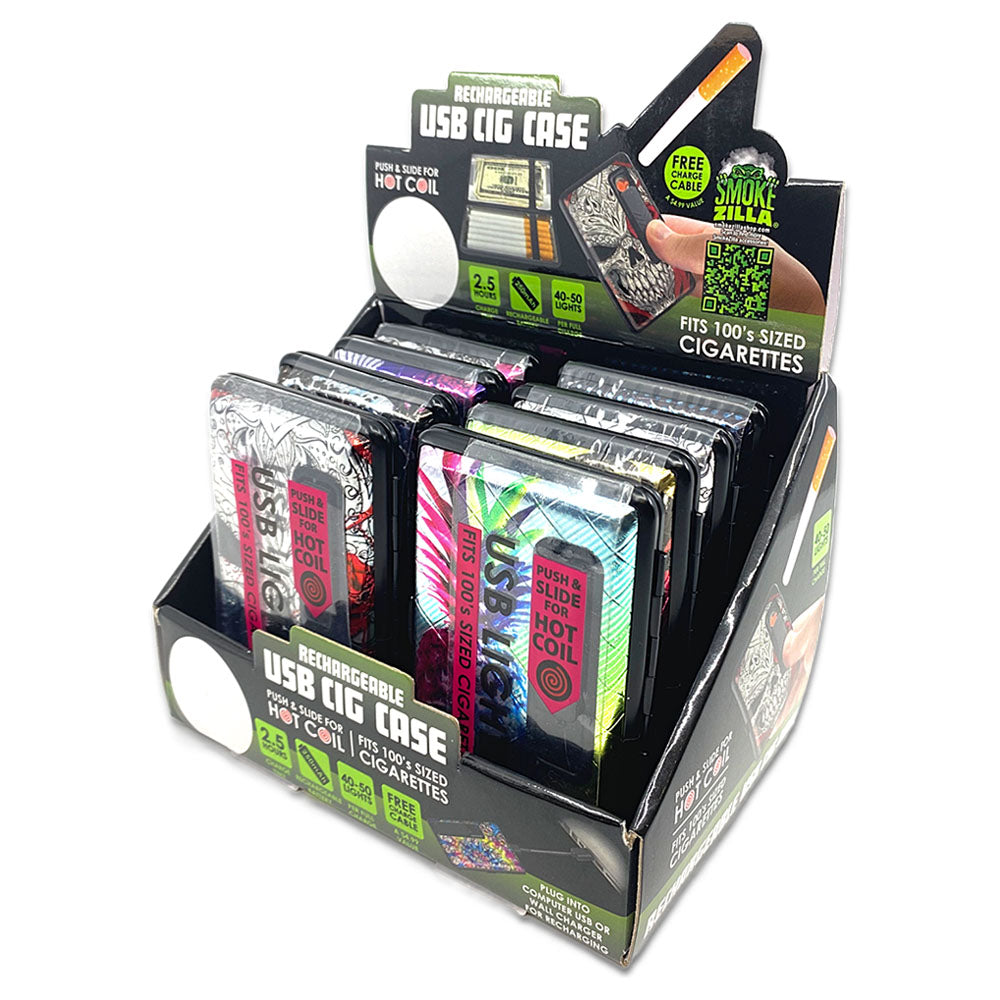 Smokezilla Rechargeable USB Cigarette Cases in assorted colors displayed in an 8-pack box