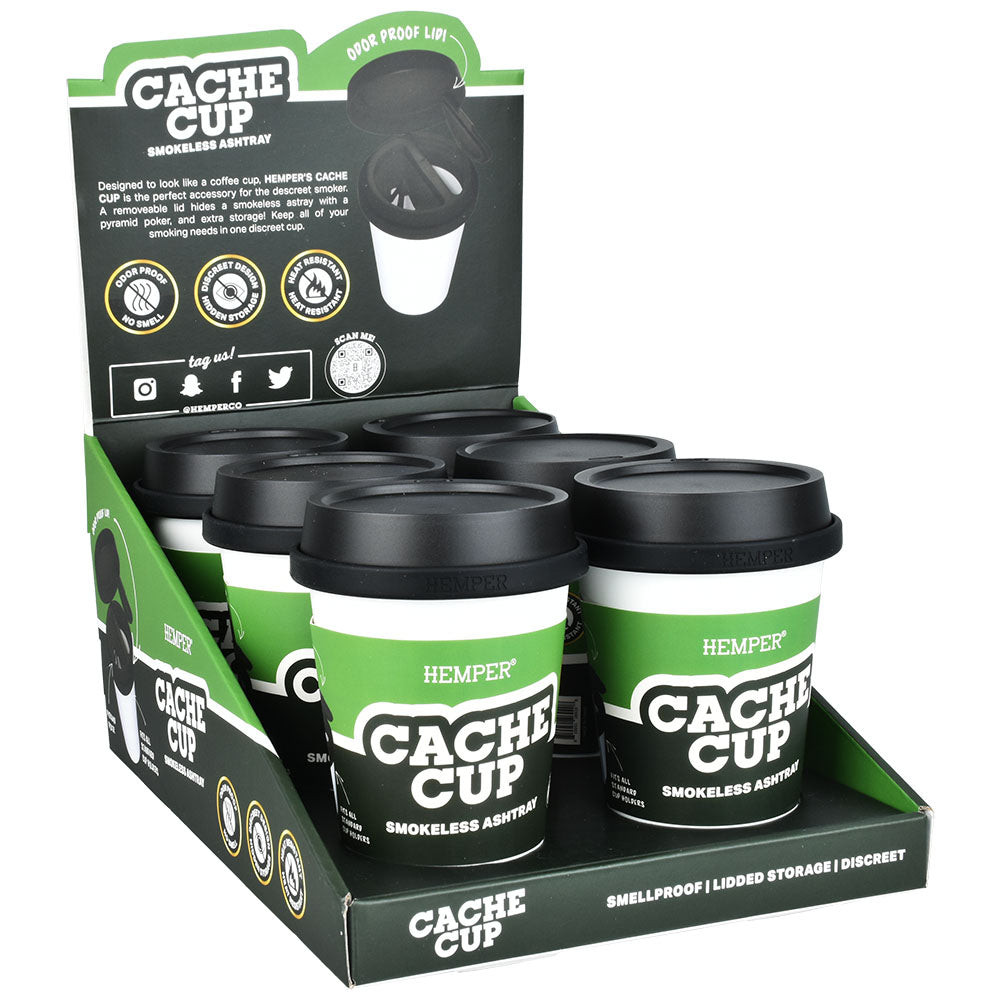 Hemper Cache Cup display with 6 smokeless ashtrays and stash containers in retail packaging