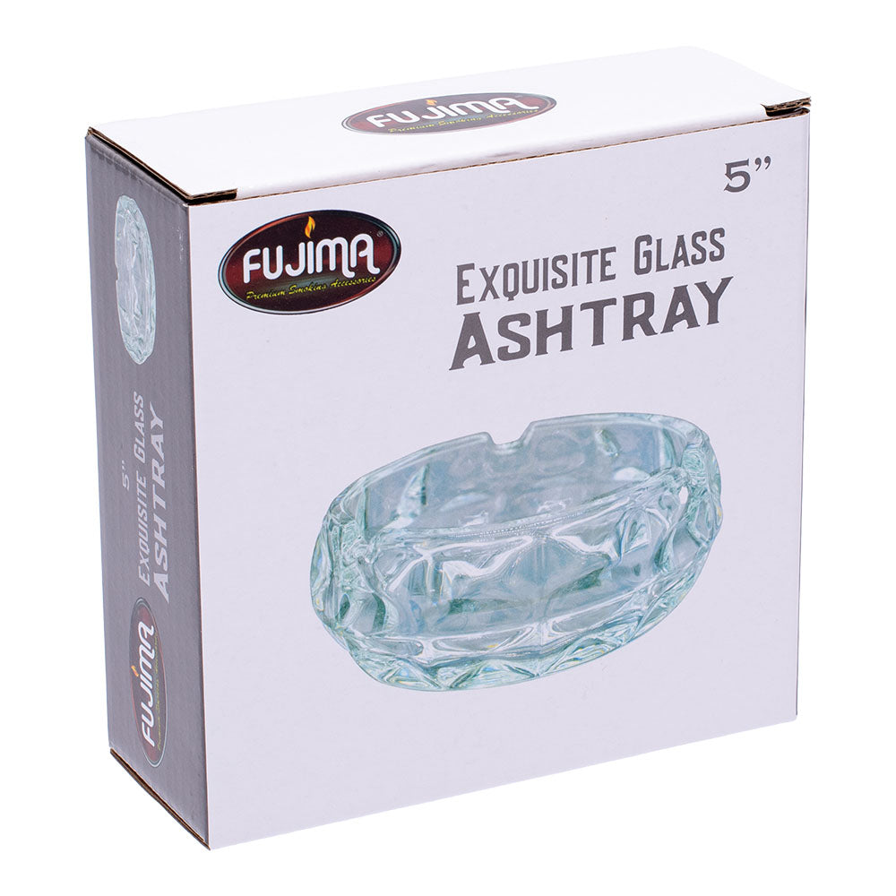 Fujima Exquisite Faceted Glass Ashtray in packaging, Crystal Clear, 5" Front View