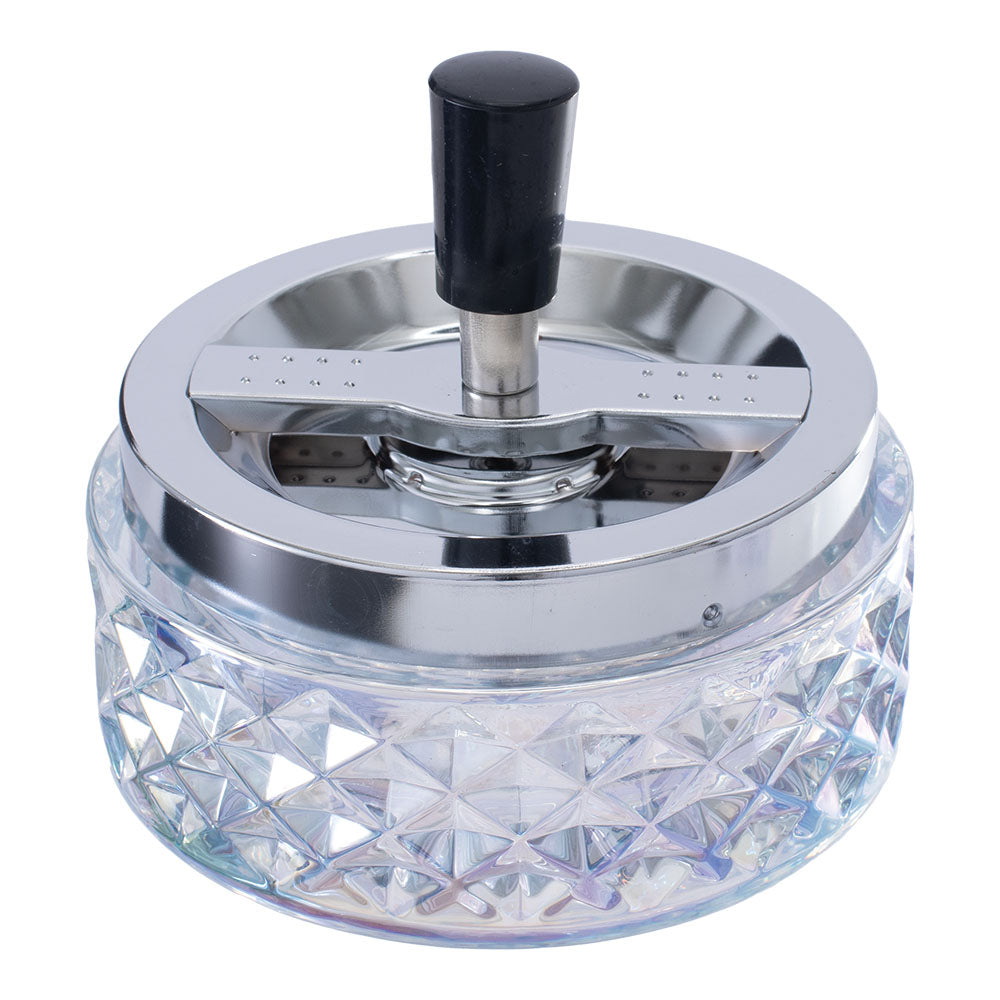 Fujima Iridescent Gem-cut Glass Spinning Ashtray, 4.75" Top View on White Background