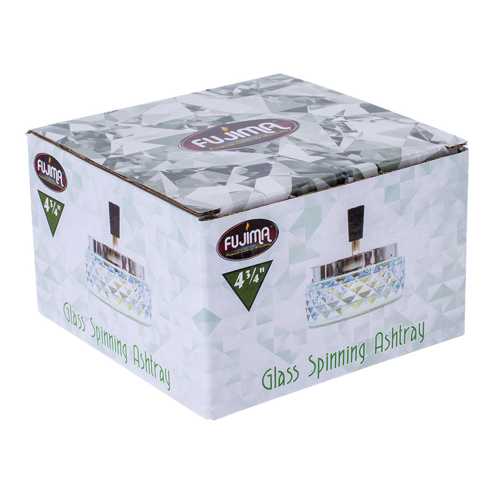 Fujima Gem-cut Glass Spinning Ashtray in packaging, 4.75" size, front view on white background