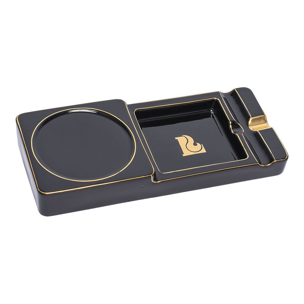 Lucienne Ceramic Cigar Ashtray and Whiskey Glass Holder in Black with Gold Trim - Top View