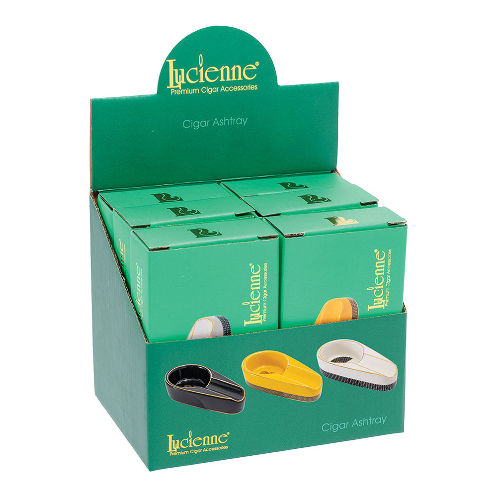 Lucienne Ceramic Spoon-Shaped Cigar Ashtray Set in Assorted Colors displayed in packaging