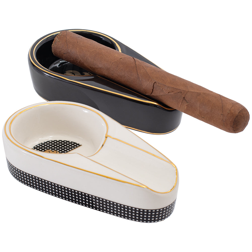 Lucienne Ceramic Spoon-Shaped Cigar Ashtrays in Assorted Colors with Cigar, Angled View