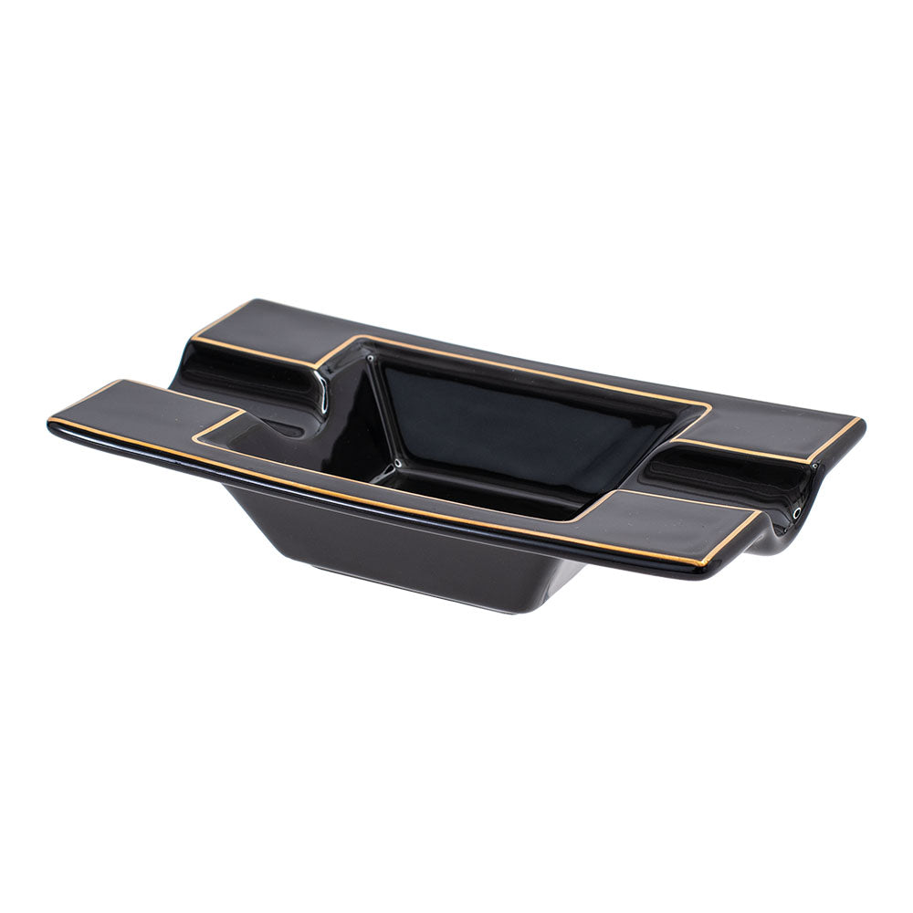 Lucienne Black Ceramic Two-Person Cigar Ashtray with Gold Trim - Top View