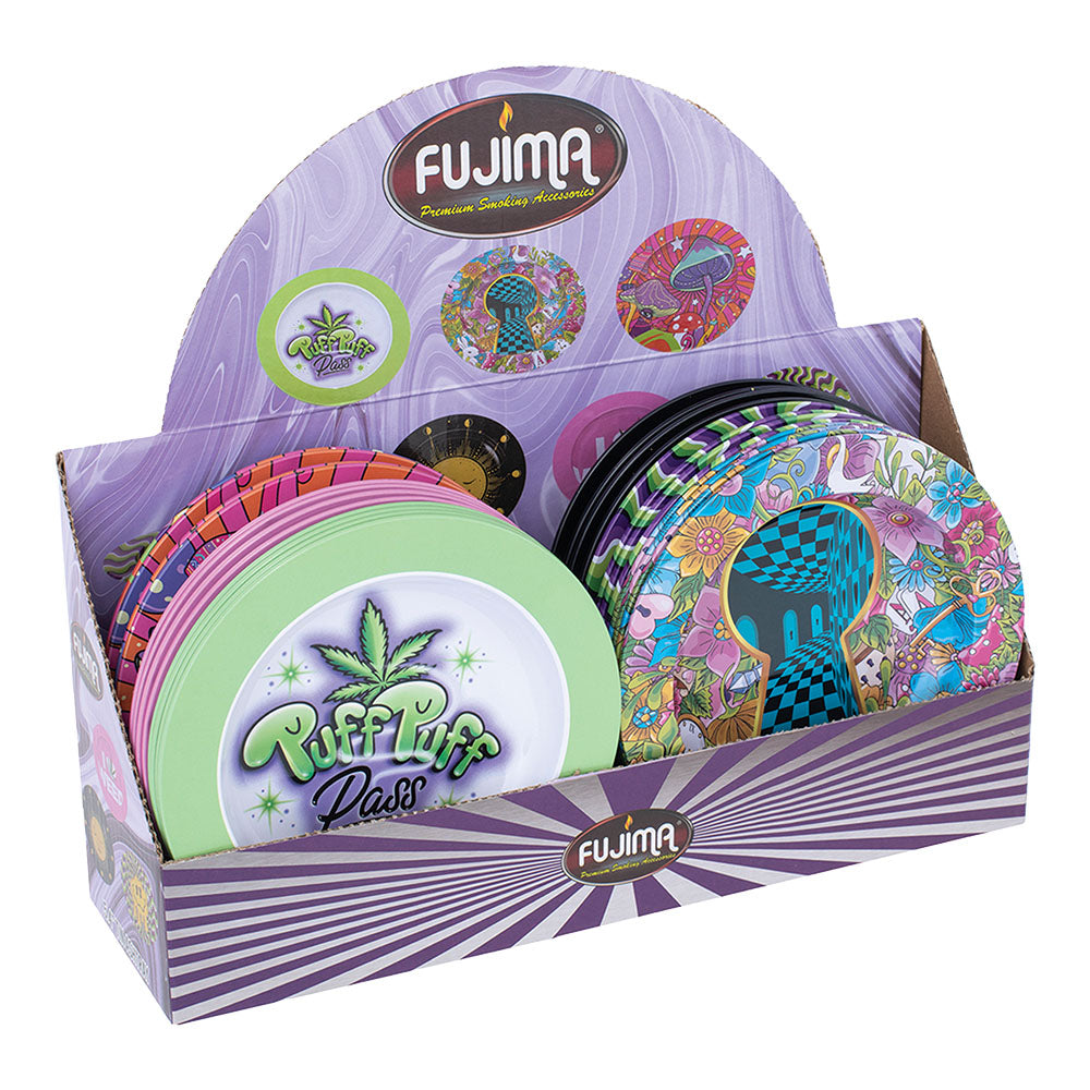 Fujima Dazed Round Metal Ashtrays Display with Assorted Psychedelic Designs - 5.4" Diameter