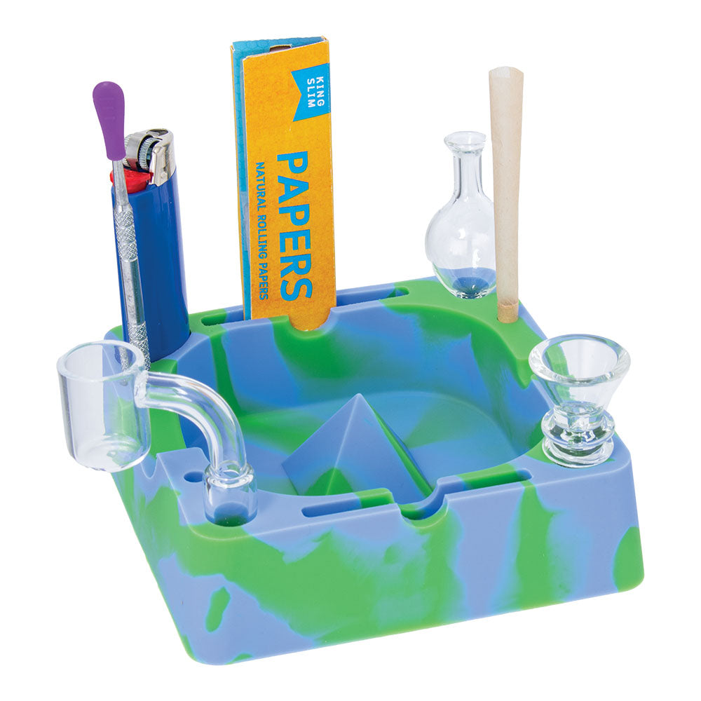 Fujima Silicone Ashtray in blue and green, with slots for rolling accessories, easy to clean design