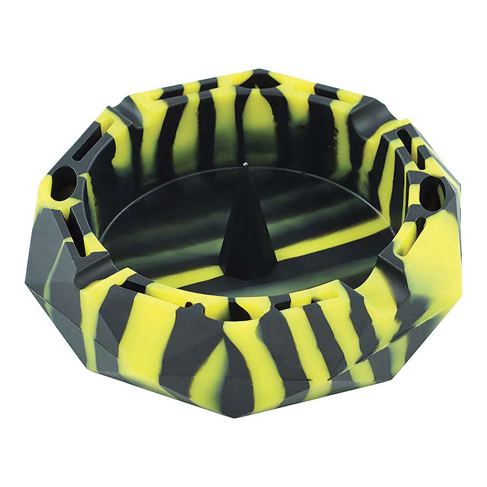 Fujima 4.5" Diamond Silicone Ashtray in black and yellow, top view, easy to clean and unbreakable