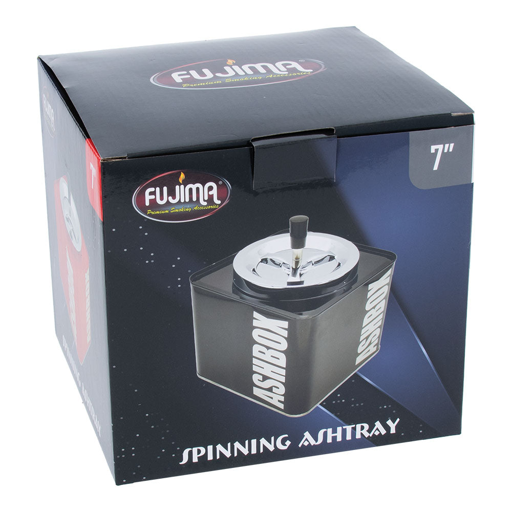 Fujima 7" Metal Spinning Ashtray in box, front view with product features