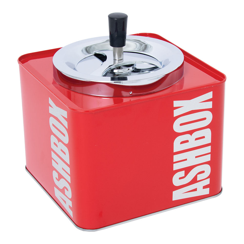 Fujima 7" Red Metal Spinning Ashtray, Angled View on Seamless White Background