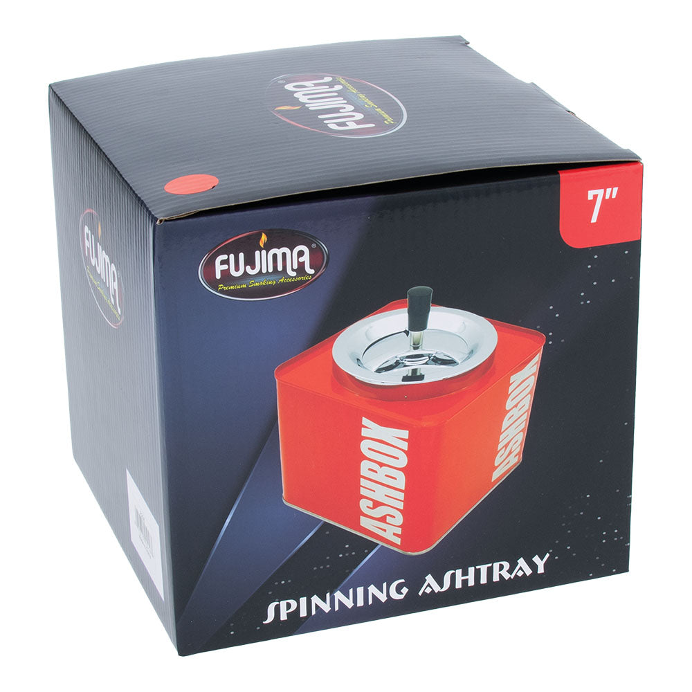 Fujima Ashbox Metal Spinning Ashtray packaging, 7" size displayed on box