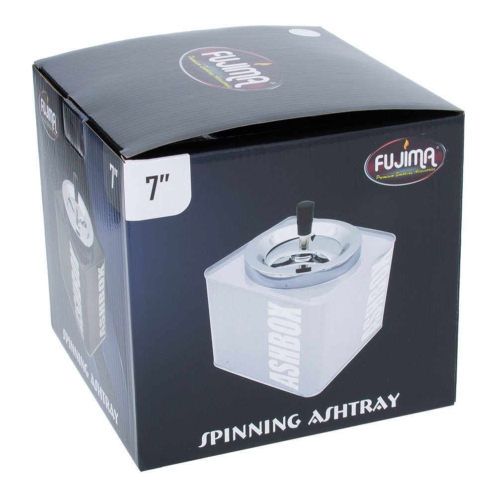 Fujima Ashbox Metal Spinning Ashtray in packaging, easy-to-use, 7" size, front view