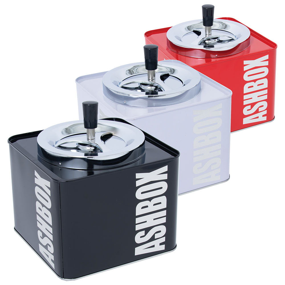 Fujima Ashbox Metal Spinning Ashtrays in red, white, and black on white background