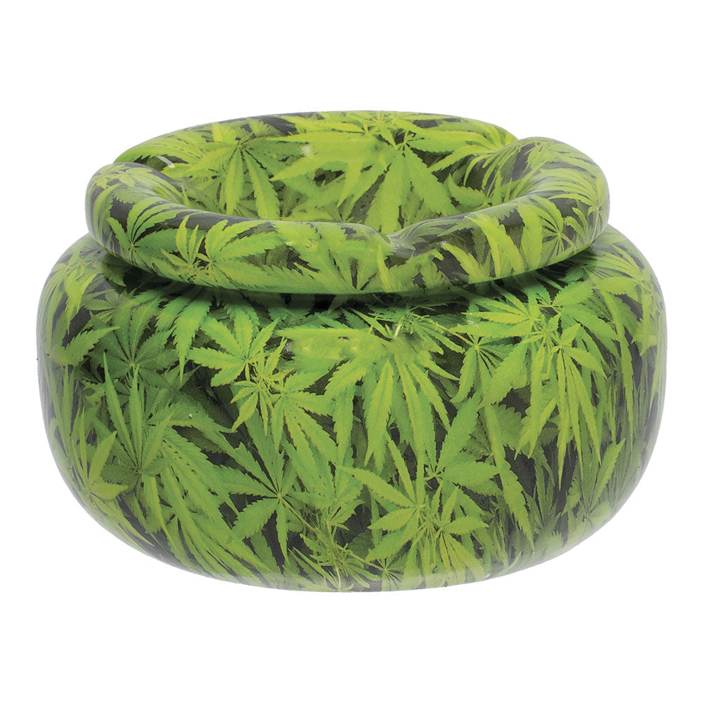 Fujima Moroccan Ceramic Ashtray with Green Leaves Design, 5" Diameter - Top View