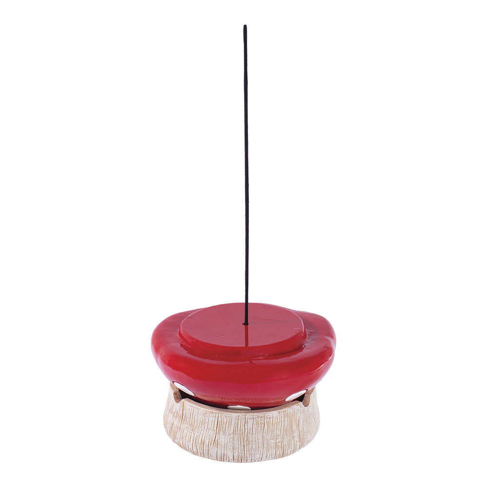 Fujima Red Mushroom Covered Ashtray, 4.75" Polyresin, Top View with Incense Stick