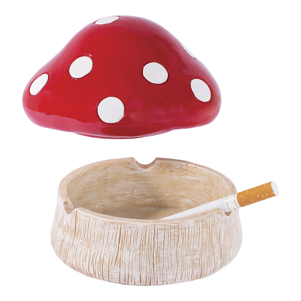 Fujima Red Mushroom Covered Ashtray, Polyresin, Opened with Cigarette, White Background