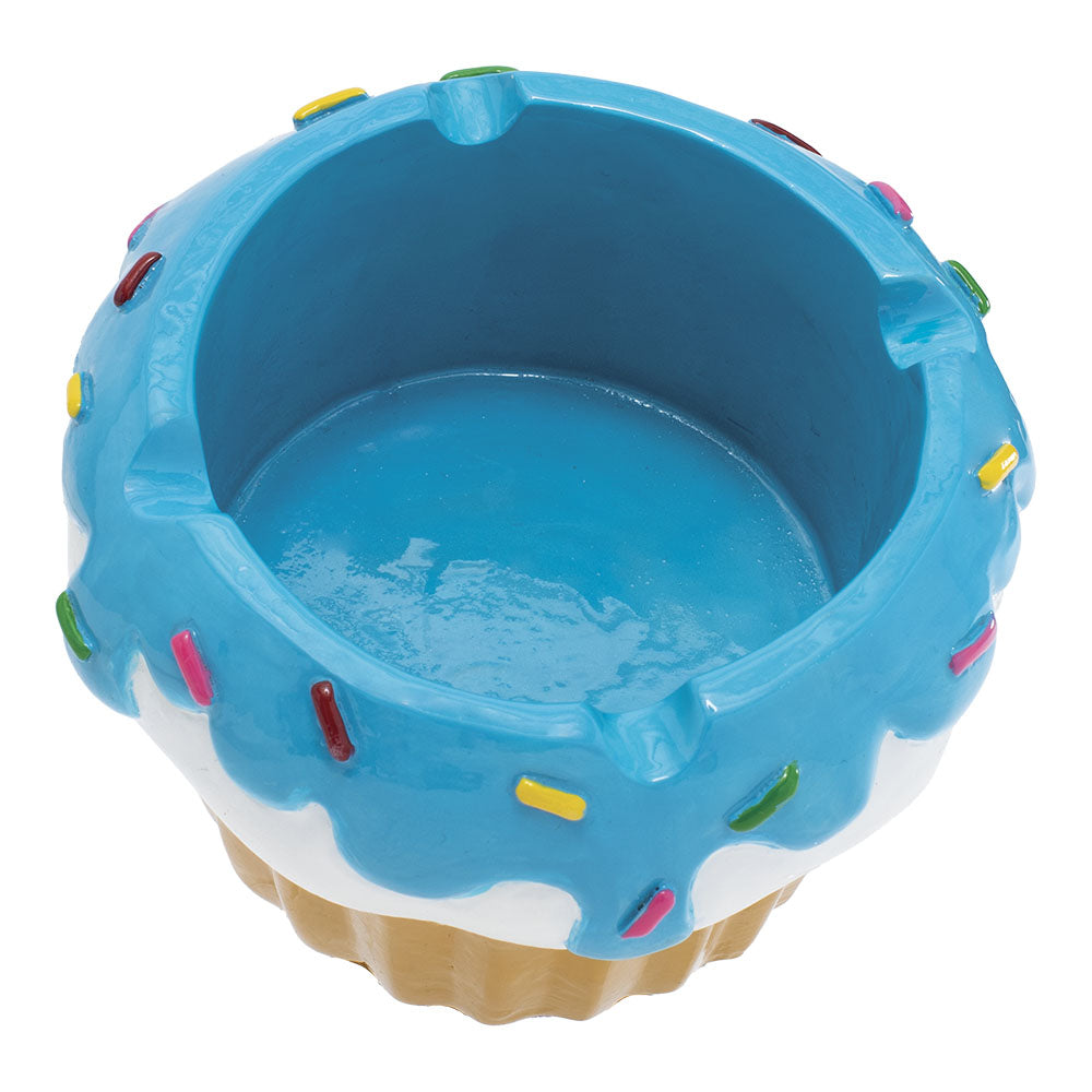 Fujima Cupcake Polystone Ashtray in blue with colorful accents, top view on white background