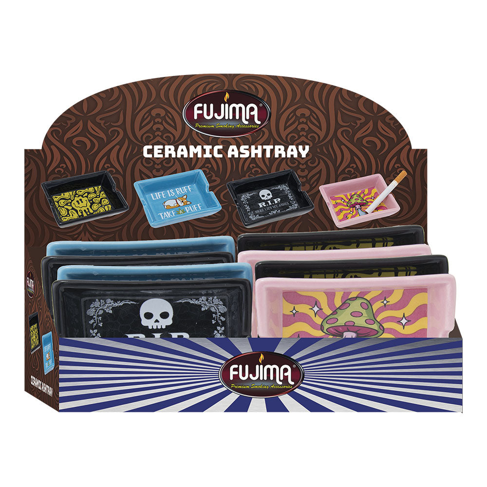 Fujima 8pc Ceramic Ashtray Set with Assorted Punny Designs on Display