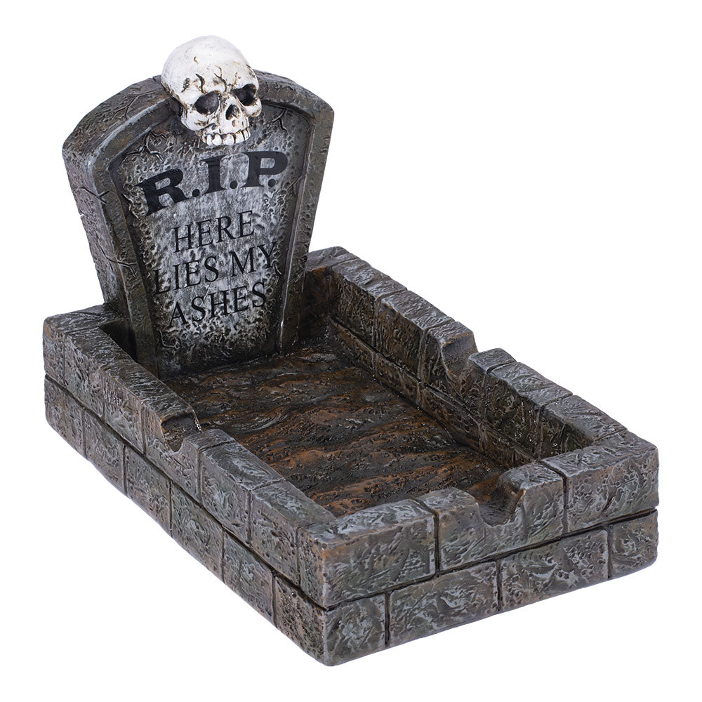 Fujima RIP Tombstone Ashtray - Polyresin Gothic Design with Skull - Front View