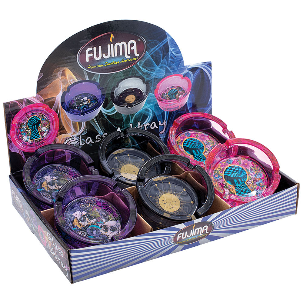 Fujima 3.5" Psychic Depths Glass Ashtrays displayed in a 6-pack box with assorted psychedelic designs