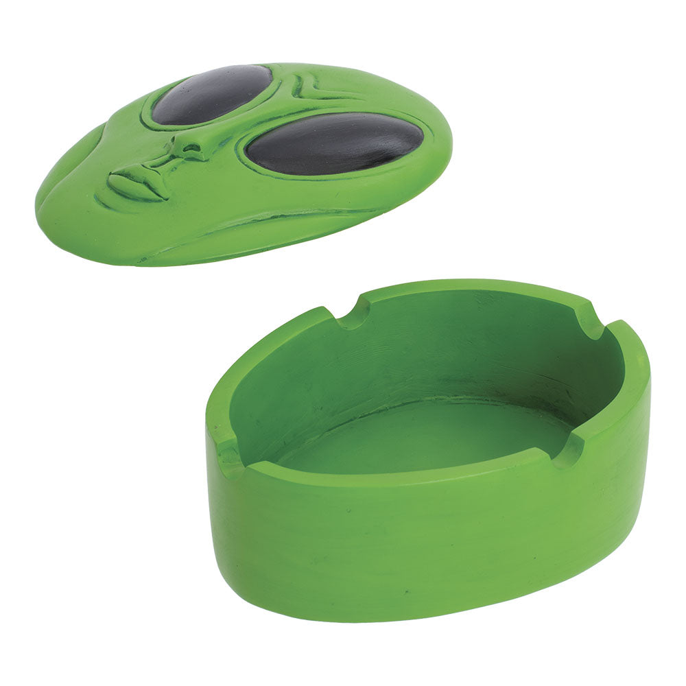 Fujima Green Alien Covered Ashtray with Lid Off, Polyresin - Top and Side View