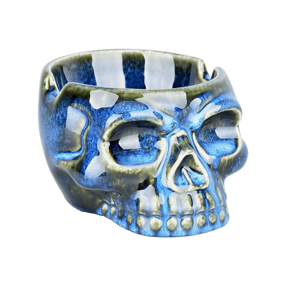 Glazed Ceramic Skull Ashtray - 4.75" Front View - Unique Home Accessory
