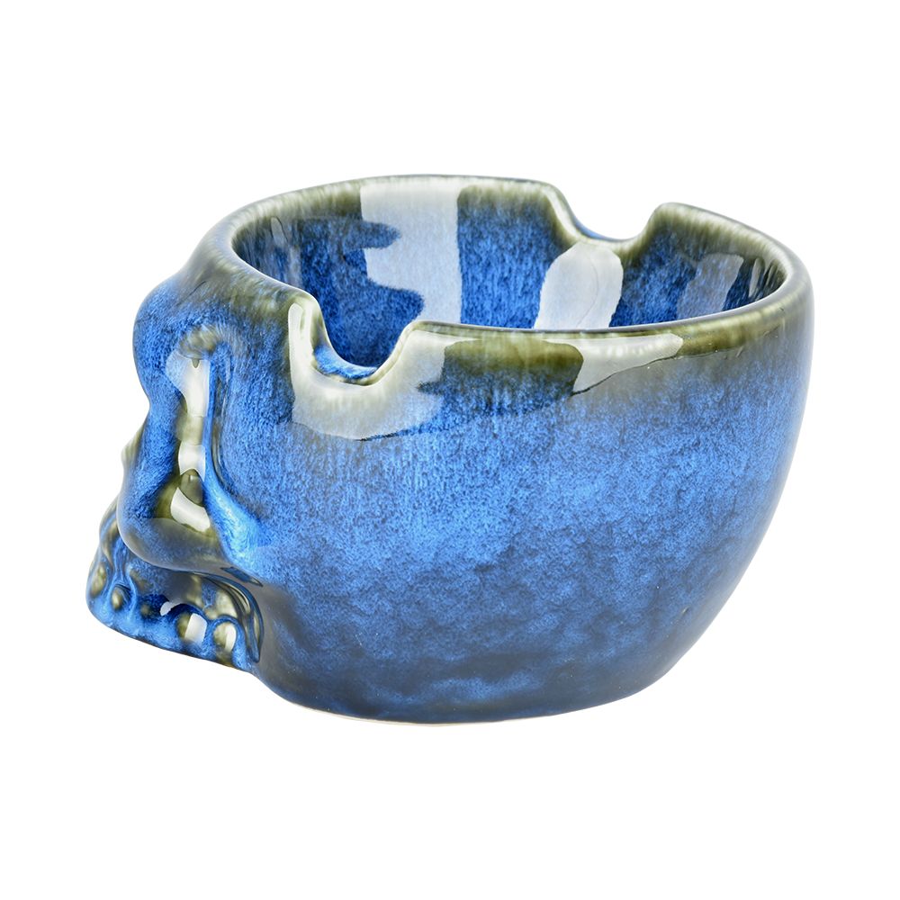 Glazed Ceramic Skull Ashtray 4.75" in Blue - Durable with Unique Design