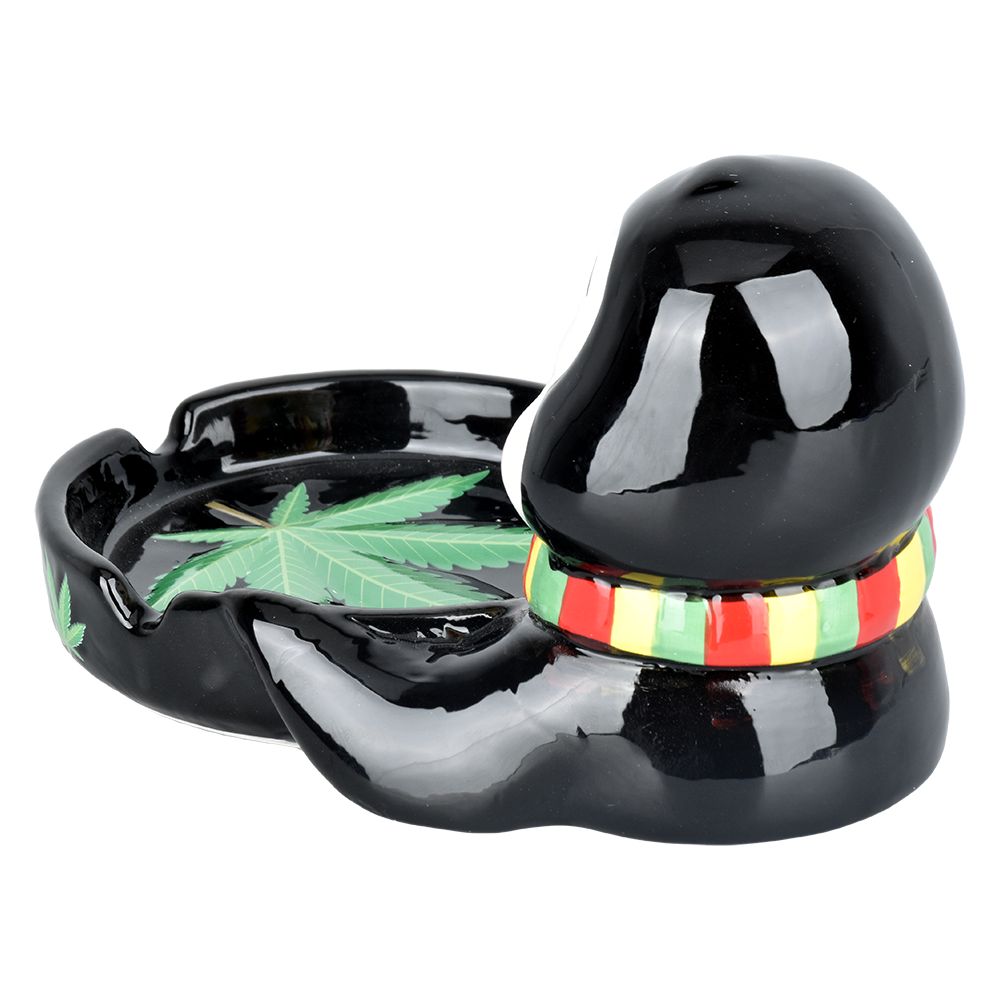 Stoned Penguin Ceramic Ashtray - 6.5" x 4.3" with Leaf Design - Angled View