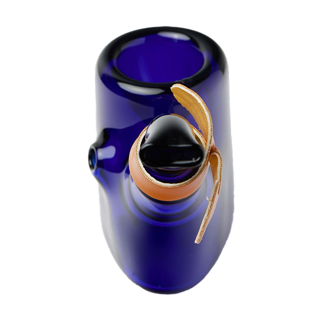 Cheech Glass 5" Sherlock Hand Pipe in blue with a deep bowl and leather strap, top view