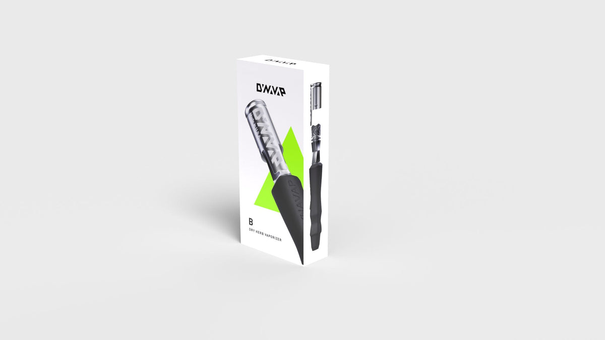 DynaVap The B vaporizer isolated on white, showing the black silicone stem and stainless steel Tip and Cap.