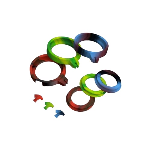 Dr. Dabber Switch Accessory Kit with colorful silicone seals and glow-in-the-dark carb cap on white background