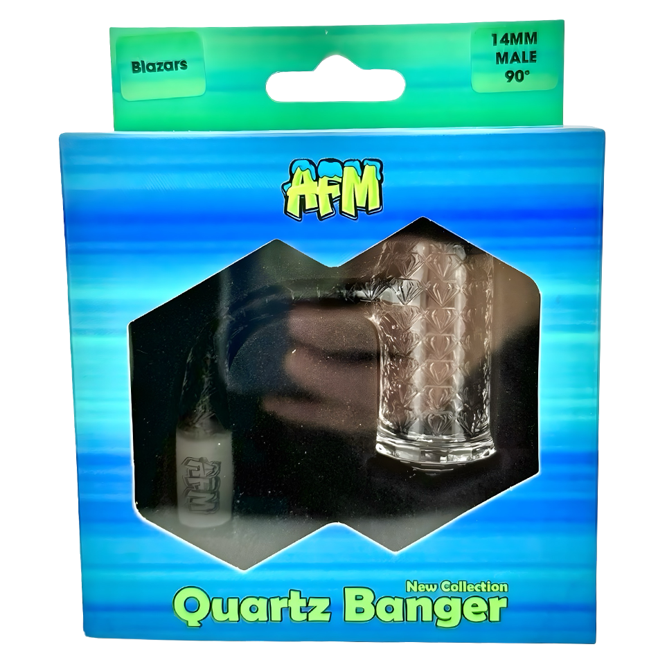 AFM Blazars Quartz Dab Banger Set on retail card, 14MM Male 90Β° angle, front view