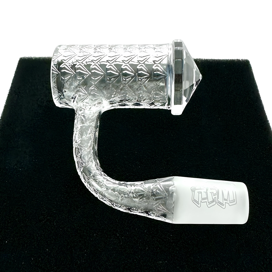 AFM Blazars Quartz Dab Banger Set on black stand, clear with textured design, side view