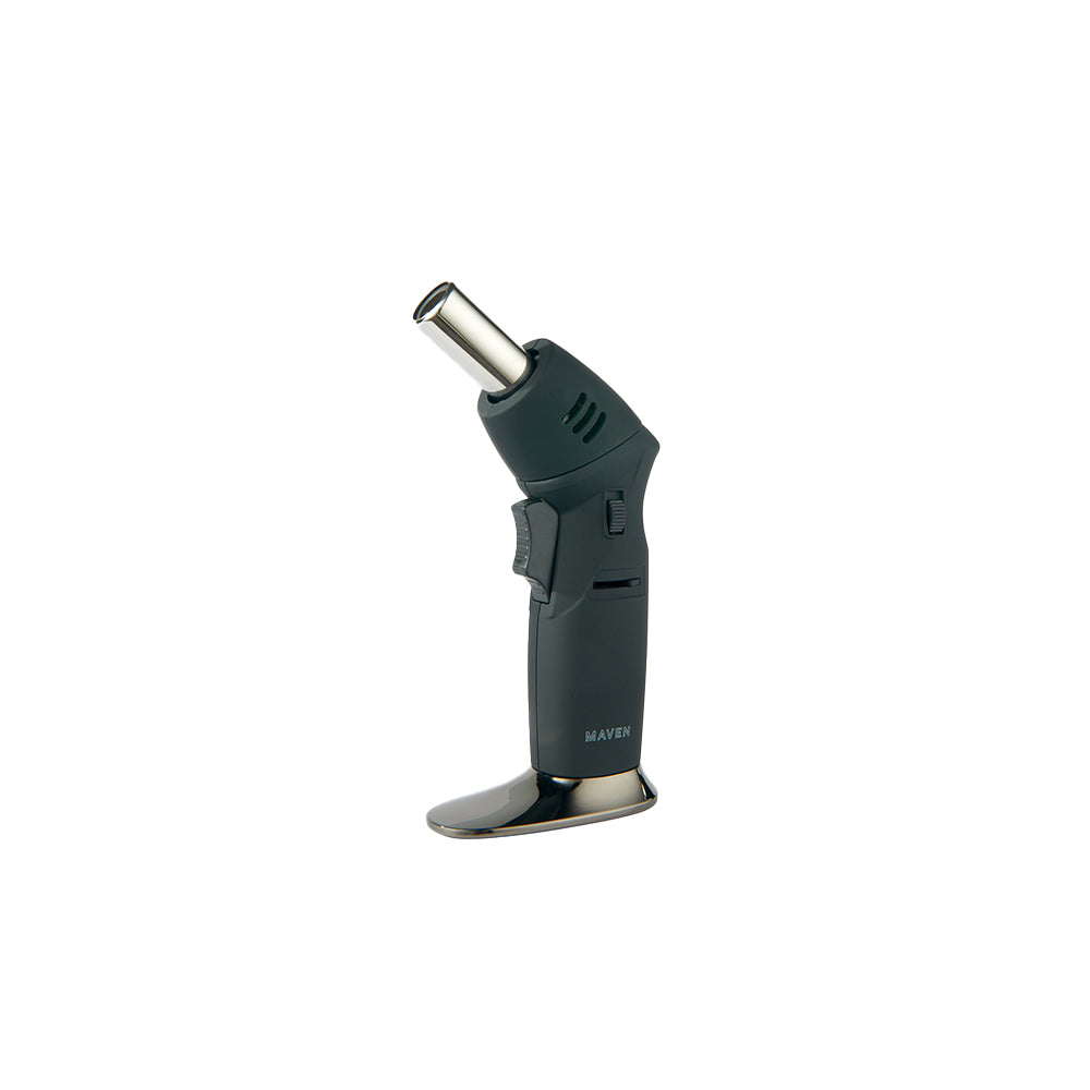 Maven Torch Model T Adjustable Jet Flame Butane Lighter in Black, Side View, for Dab Rigs