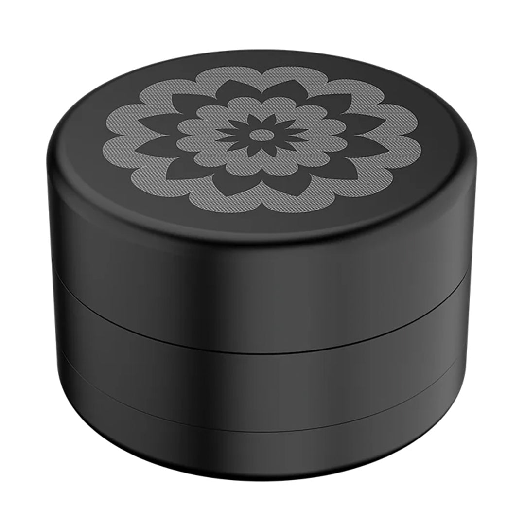 Flower Mill 2.5" Black Next Gen Standard Grinder, Top View with Floral Design