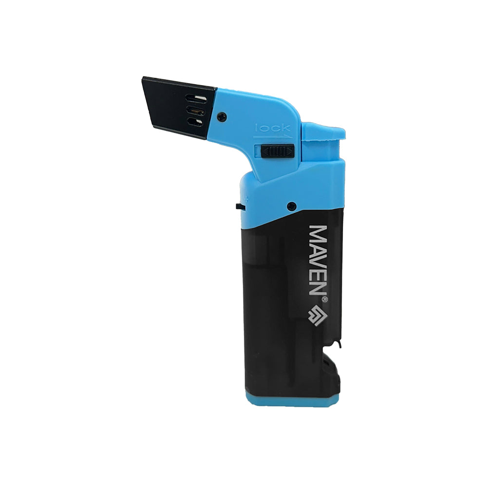 Maven Torch Popper 5-Pack featuring a blue and black windproof lighter with bottle opener, side view