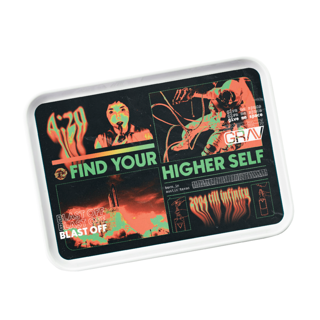 GRAV® Melamine Rolling Tray with vibrant retro design, compact 7.5" size for easy portability