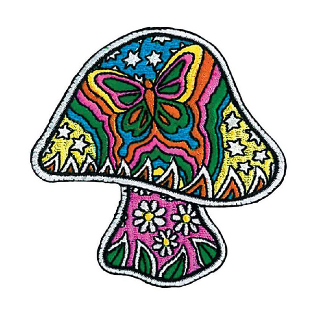 ThreadHeads Butterfly Mushroom Patch with vibrant embroidered design, front view on white background