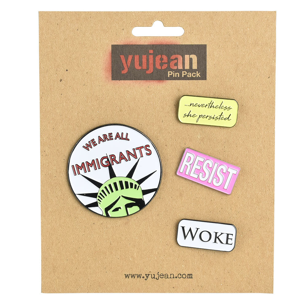 Resist Enamel Pin Pack - Set of 4 with Activist Slogans Front View on Card