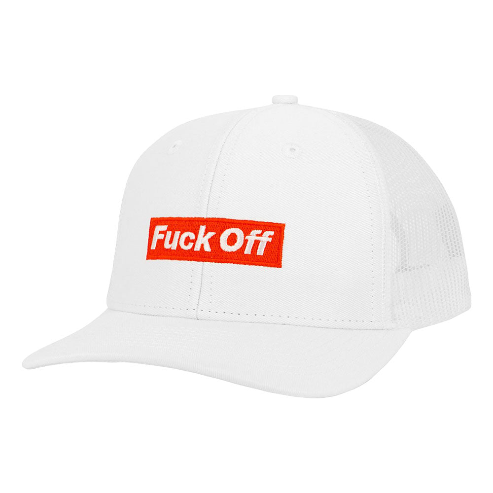 Wood Rocket Fuck Off Snapback Hat in white with bold red text, front view on a seamless background