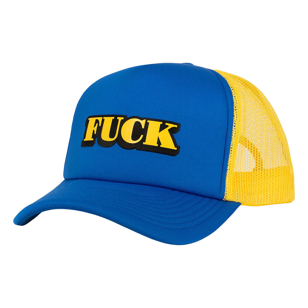 Wood Rocket Fuck Snapback Hat with bold lettering, blue front, and yellow mesh back