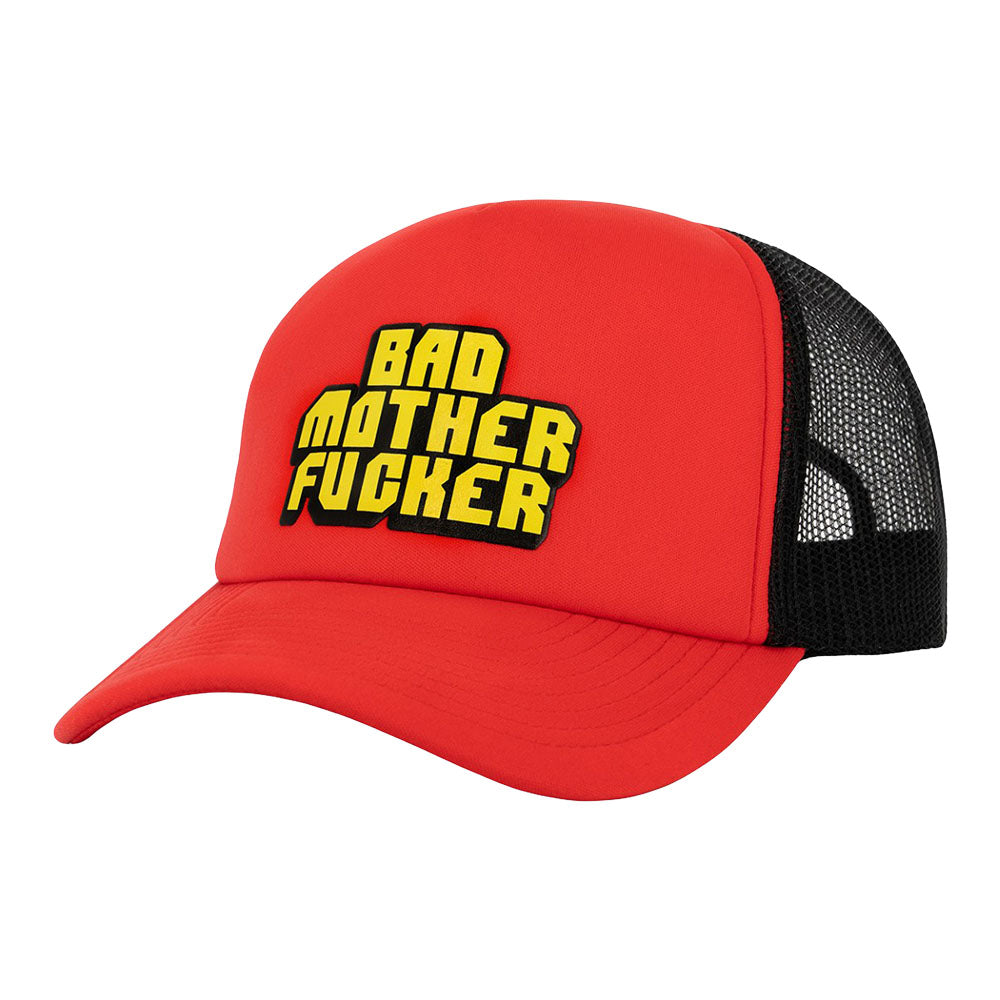 Wood Rocket red and black snapback hat with "Bad Mother Fucker" text front view