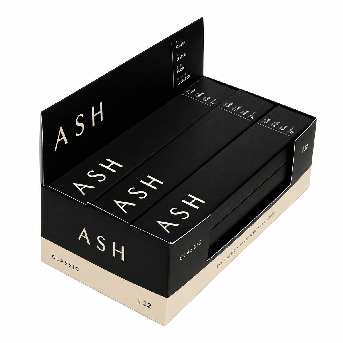 Ash Classic Pre-Rolled Cones 12 Pack Box, King Size, Unbleached Rice Paper, Side View