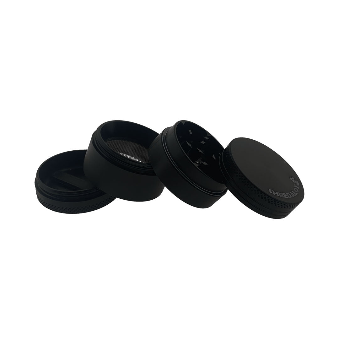 Sir Shredalot 4-Part Grinder 40mm in Black - Disassembled View Showing All Parts