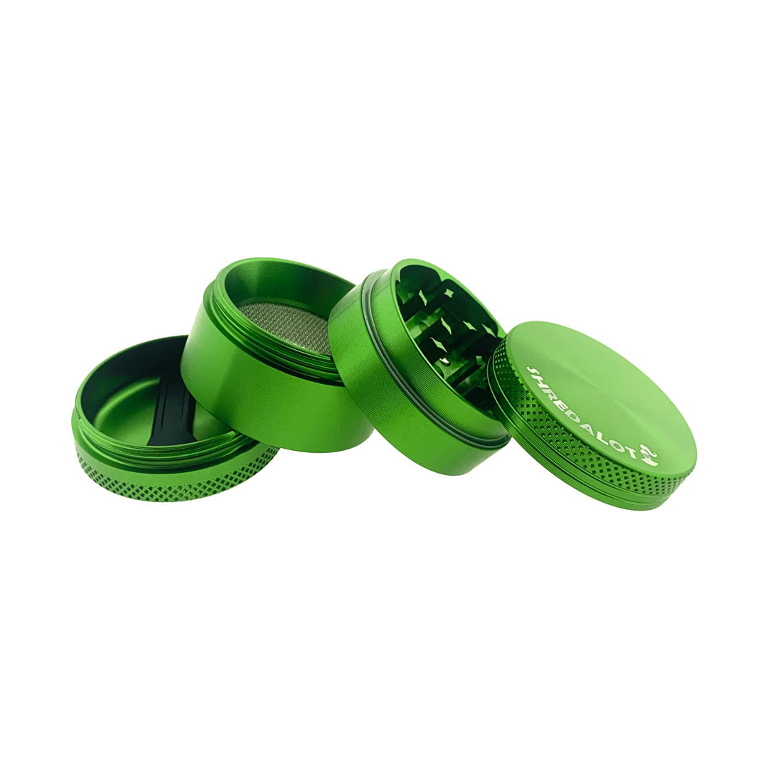 Sir Shredalot 4-part Grinder in vibrant green, 40mm, disassembled view showing all components
