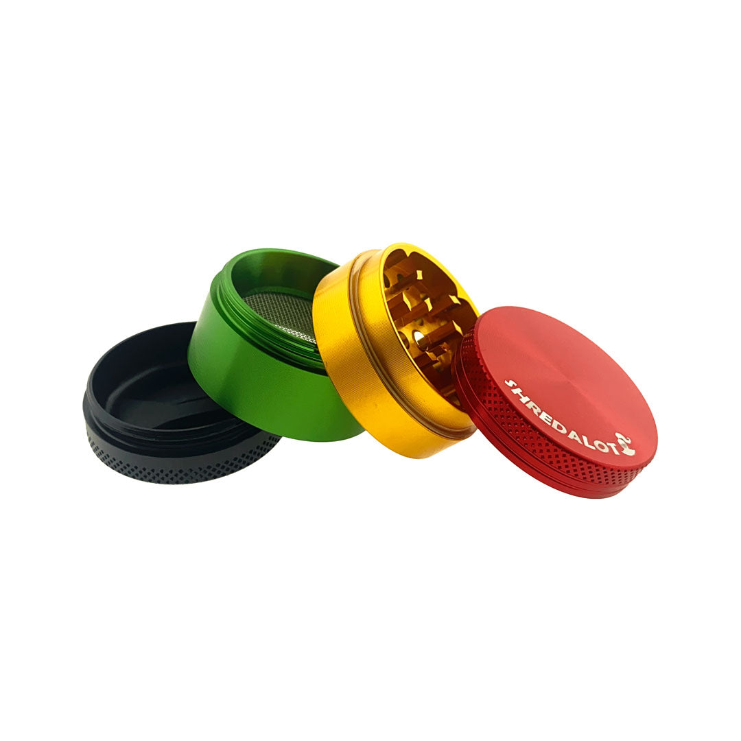 Sir Shredalot 4-part Grinder in 40mm size with red, green, and black tiers, top view on white background
