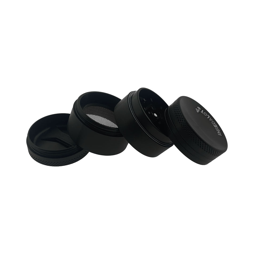 Sir Shredalot 4-part Grinder in Black with Carved Lid and Fine Mesh Screen, Disassembled View