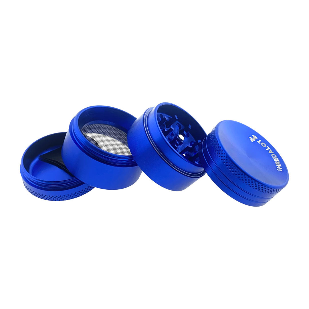 Sir Shredalot 4-Part Grinder 40mm with Carved Lid in Blue, Disassembled View Showing All Parts